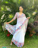 Georgette saree with solid flowers print, soft light weight and free size, India origin