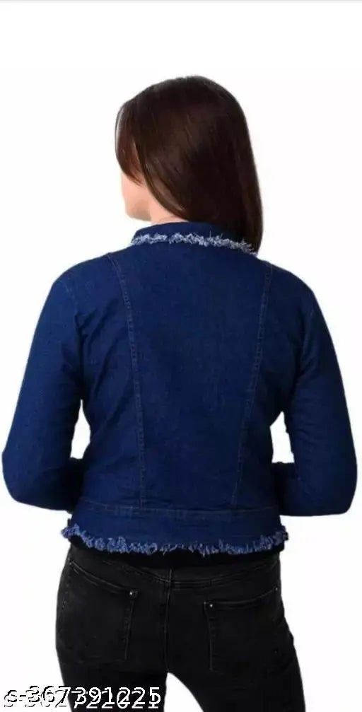 Denim dark strip jacket, MK Collection women's long sleeves dyed/washed jacket, latest winter wear style for sizes 12-16 years, blue color