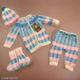 Soft woolen winter set for new baby, colorblocked pattern, includes beanie, mittens, and scarf