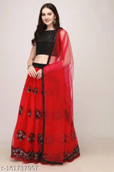 Red embroidered semi-stitched Art Silk lehenga choli with matching net dupatta, showcasing traditional Indian bridal attire