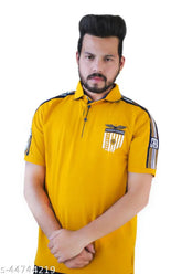 BlueFicus men's cotton blend short sleeve t-shirt with mustard yellow high low styling - classy, glamorous design from India