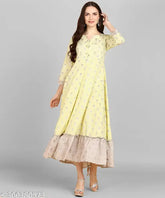 Light yellow poly-cotton A-line kurta with 3/4 sleeves, embellished with zari work. Stunning traditional wear for women by Adhisa." (119 characters)