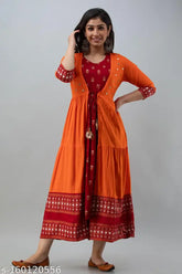 Rayon embroidered shrug and printed inner kurta, three-quarter sleeves, Indian women's fashion with vibrant prints
