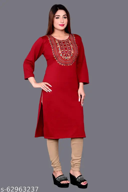 Woolen winter kurti with embroidered design, three-quarter sleeves, multi-colored. Comfortable for regular use and suitable for parties or home wear, Indian origin