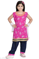 Pink cotton cambric sleeveless kurti Patiala set with dupatta for kids, printed top and straight cut bottom on display