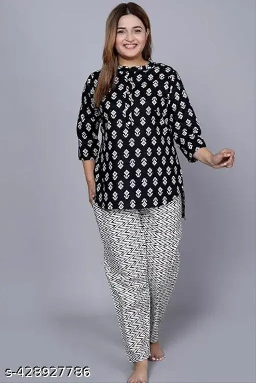 Trendy cotton top & pyjama nightsuit for women, printed with latest design trend, soft breathable cotton fabric, comfortable elastic waistband