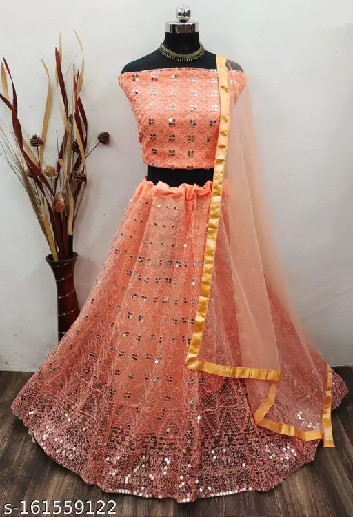 Indian-origin, embroidered flared lehenga set in net fabric, perfect for parties and special occasions