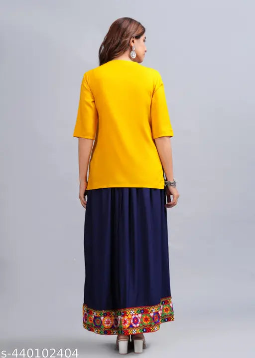 Rayon embroidery Navratri Ghagra Choli Dress Combo for women - Indian printed net top & skirt set with three-quarter sleeves