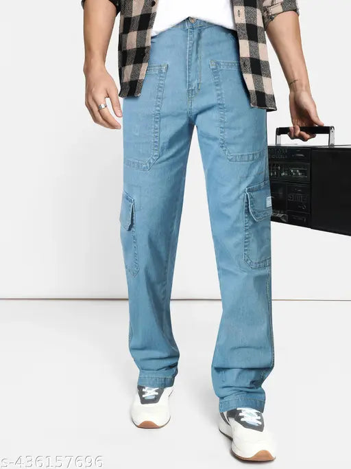 Light blue Lycra cargo jeans for men, solid net pattern, fashionable and non-stretchable. Men's size 28 (29/42/34), made in India
