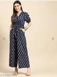 Rayon navy blue and golden ethnic print Myntra jumpsuit with puff sleeves, tie-up detail, pockets, short sleeves, and notched lapel neck. Country of origin: India (Size XS, S, M, L, XL, XXL)