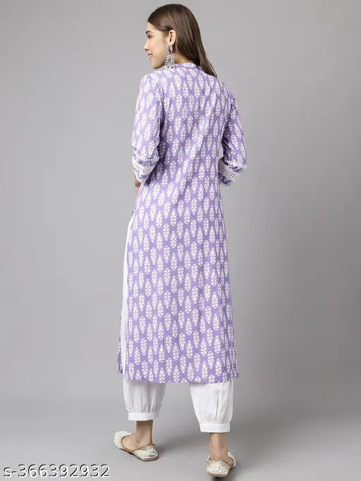 Light purple cotton A-Line kurta set with pants, intricate floral print, India origin