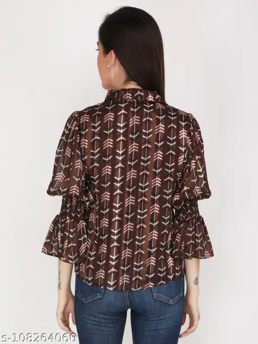 Long-sleeved polyester balloon elasticated shirt, printed net design, XS-XXL, trendy tops from Jakanary, India