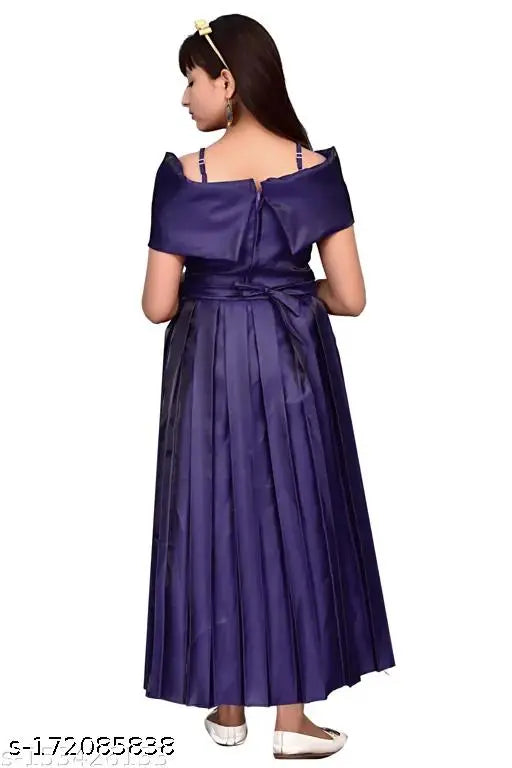 Blue solid pleated Western Cinderella gown for girls, silk blend fabric, shoulder straps