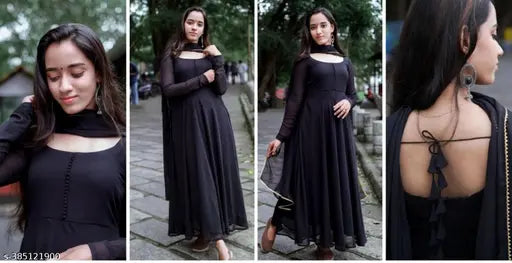 Stylish retro georgette gown, long sleeves, solid net design, size M-XXXL. Indian women's fashion on mannequin