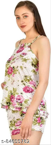Pink satin & polycotton floral print nightsuit set (top & shorts), sleeveless design, free size