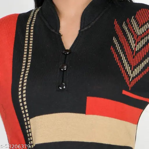 Black wool women's straight printed kurti, long sleeves, suitable for daily wear and festive occasions. Soft material for comfort and style." (107 characters)