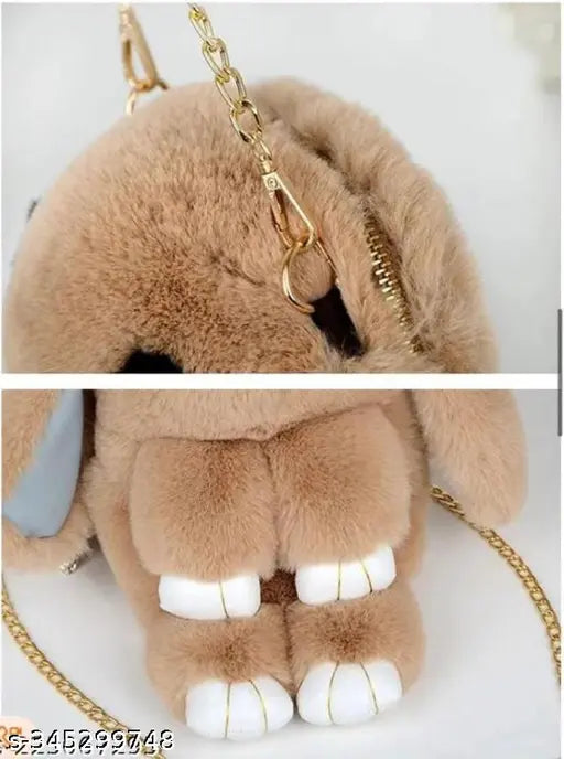 Fluffy rabbit fabric sling bag, 2 compartments, self-design net pattern, free size. Soft handbag for girls with school or travel use