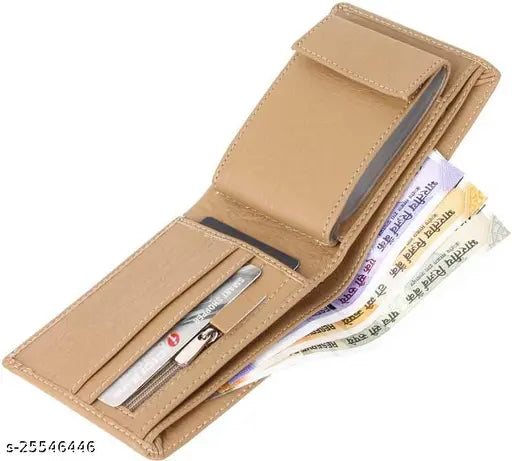 Faux leather men's bifold wallet, beige two-fold design, ID window, coin pocket, multi-card compartment, trendy and top-selling wallet for men. High-quality, durable artificial leather with strong stitching and a compact size for easy portability. Made in India
