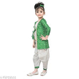 CGreen designer embroidery kid's kurta with light green coti suit, cotton blend, anarkali palazzos, three-quarter sleeves, Indian ethnic wear for girls aged 3-9 years