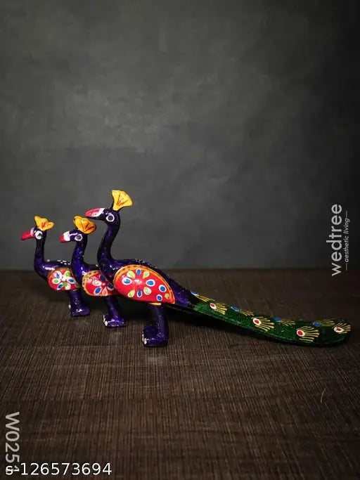 Multicolored peacock decorative showpiece set, hand-painted poly resin from India - 7cm high x 6cm wide x 10cm long