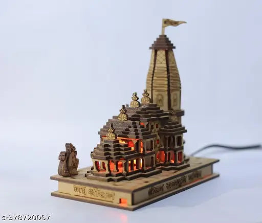 Haridwar Divine Spiritual Gifts LED Light Ram Mandir Wood - Indian DIY Decoration Item, 15x9x17cm