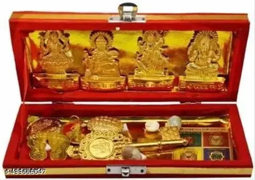 Medium size brass Shri Laxmi Kuber Dhan Varsha Yantra, intricately designed with gold accents. Traditional Ganesh Laxmi idol yantra from India, brings prosperity and wealth