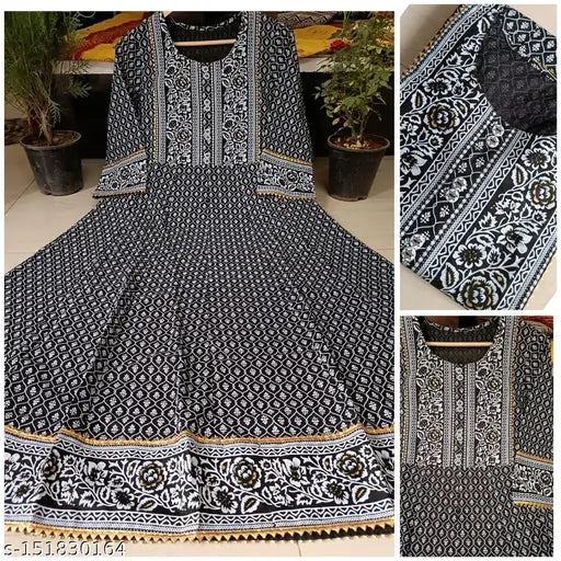 Black rayon printed Anarkali with three-quarter sleeves, gold accents, festival wear, size S (bust 36in, length 52in)