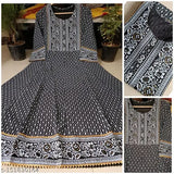 Black rayon printed Anarkali with three-quarter sleeves, gold accents, festival wear, size S (bust 36in, length 52in)