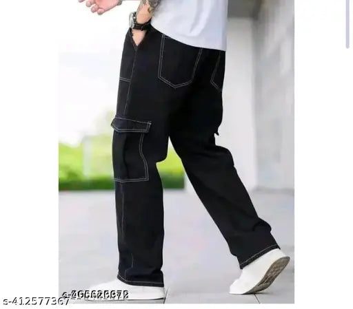 Black denim men's cargo jeans with abstract pattern, stylish trendy fit for boys and men