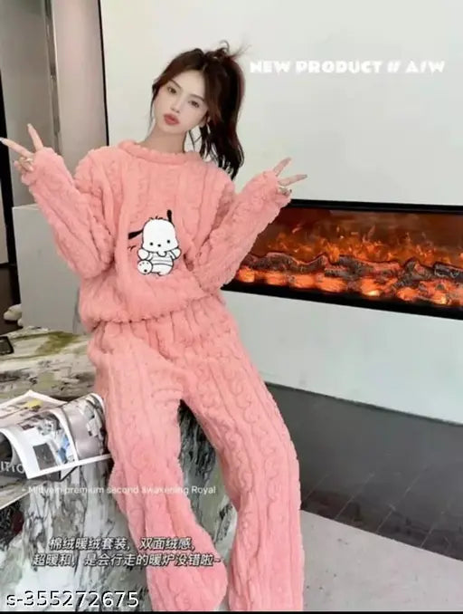 Winter New Woolen Night Set for Girls with Stikar White - Warm woolen pyjamas set featuring a printed pattern, long sleeves, and available in M, L, XL, and XXL sizes