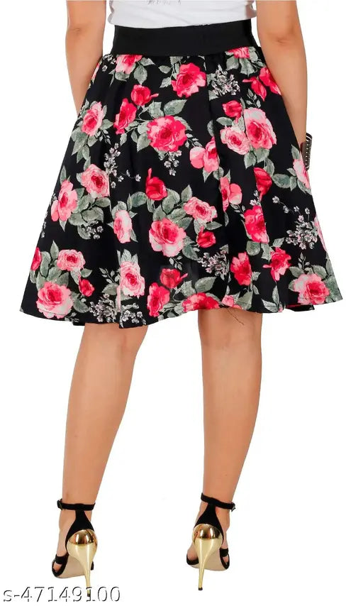 Multicolor printed net crepe western skirt for women, 24 inches long, knee length. Comes in sizes 26-36 (waist 26-36, hip 36-46). Made in India