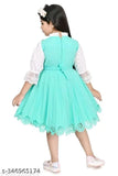 Green cotton kids party dress, three-quarter sleeves, embroidered net pattern, knee-length style - India