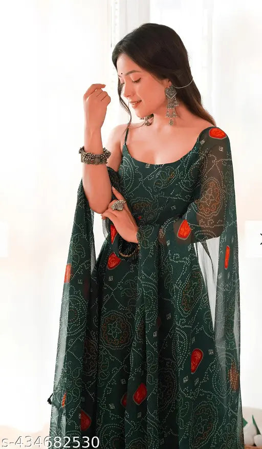 Green Georgette printed anarkali gown, sleeveless western style, India origin