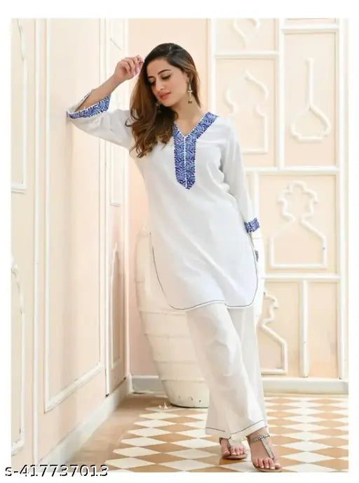 Embroidered cotton Aakarsha Kurta Set with Palazzos - XL & XXL sizes for women