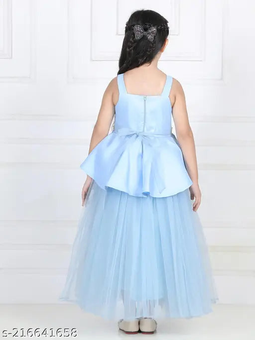 Light blue net hi-low dress for girls aged 1-2 years, featuring toy balloon print and shoulder straps