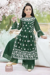 Green chiffon Nayra suit for girls with intricate embroidery and stone handwork, traditional Indian festive wear for ages 4-10 years