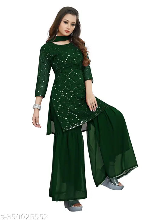 Georgette embroidery Sharara Salwar Suit Set - Ready-to-wear women's kurta with dupatta and bottomwear, embellished and stitched, three-quarter sleeves