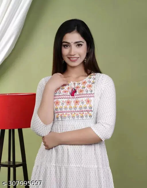 Viscose rayon printed embroidered anarkali kurti, three-quarter sleeves, Indian craftsmanship