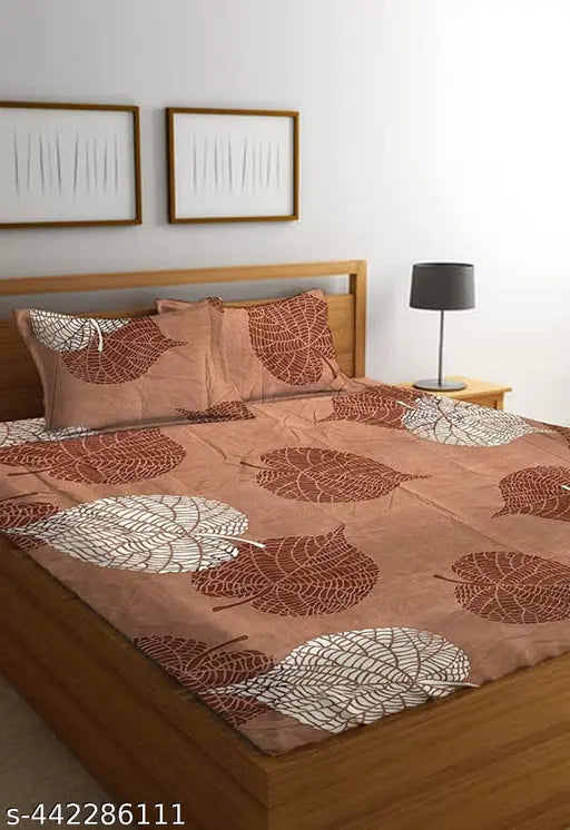 Brown Leaf Design double printed Glace Cotton fitted bedsheets with two pillow covers, ideal for summer, upgrades sleep game
