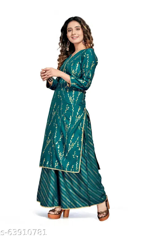 Printed rayon kurta plazo set with foil print, beautiful summer designs, three-quarter sleeves, Indian origin