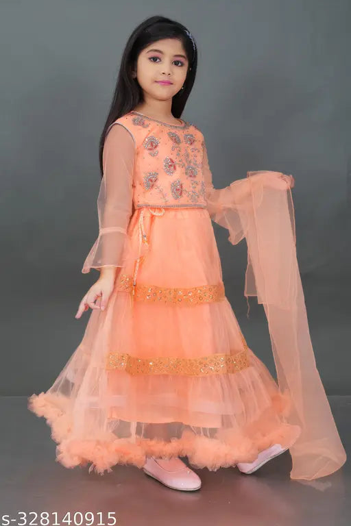 Unique zari woven kid Lehenga Choli, made with super net fabric. Long-sleeved choli features a fitted waist and round neck. Ideal for festivals, Puja, Eid, or wedding collection for girls aged 6-13 years. Indian origin