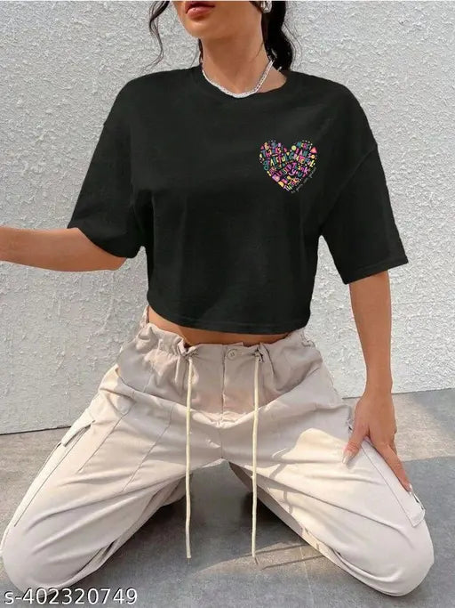 Pink Heart Crop Cotton Half Sleeve Printed T-Shirt - Loose Fit, Motivational Quotes. Perfect for casual wear, clubbing, or functions. Made from soft cotton in India