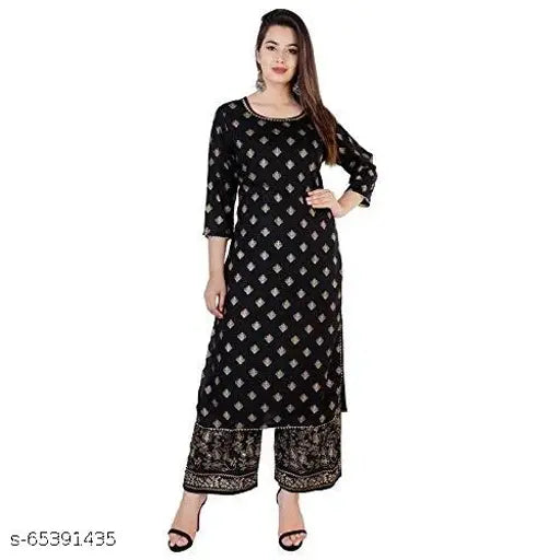 Rayon Women's Kurta Palazzo Set, hand-block printed, rayon material, three-quarter sleeves