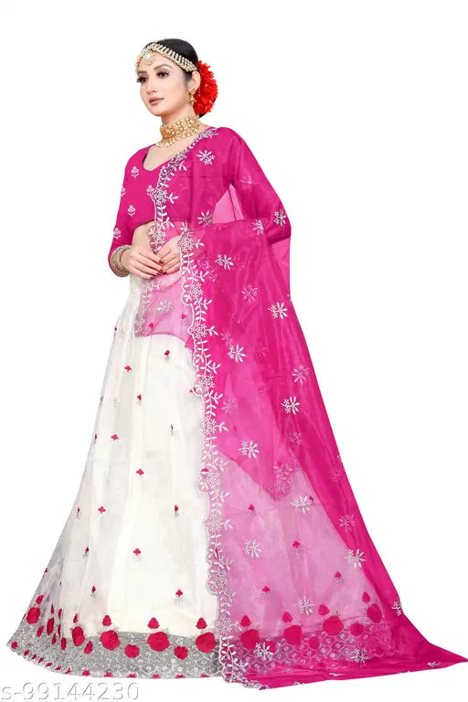 White Georgette embroidered semi-stitched lehenga Choli with lace border - Indian bridal attire