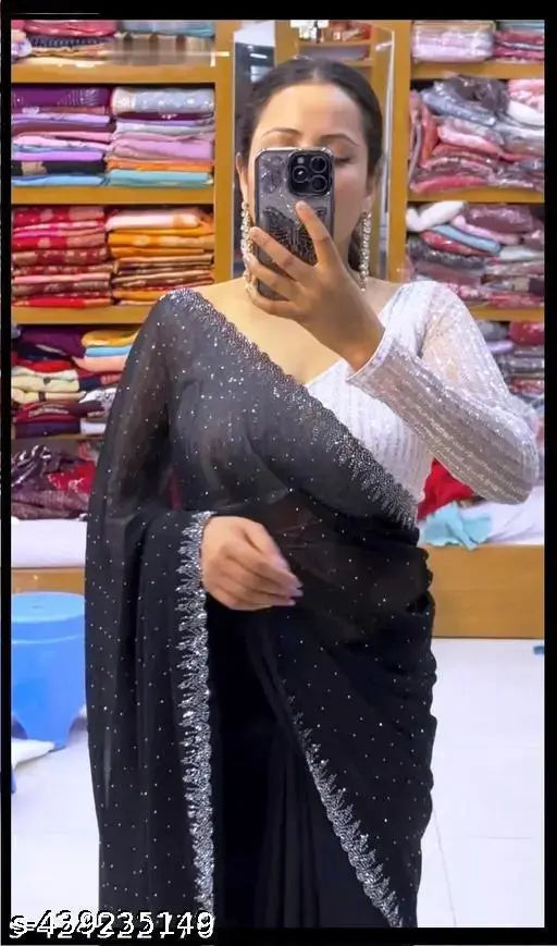New black Georgette beads & stones saree with fancy velvet blouse piece, Indian diamond work party wear