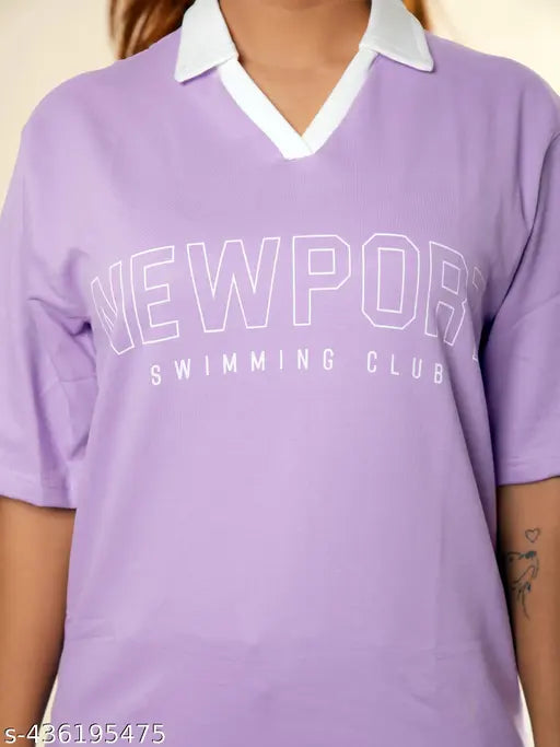 Lavender cotton oversized polo neck t-shirt with maniac women print, short sleeves, made in India