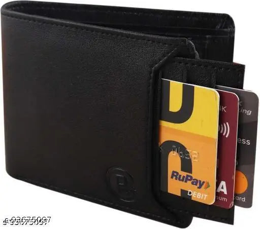 Black faux leather two-fold wallet for men and boys - classic design, 2 compartments, free size (11cm x 10cm), practical for daily use
