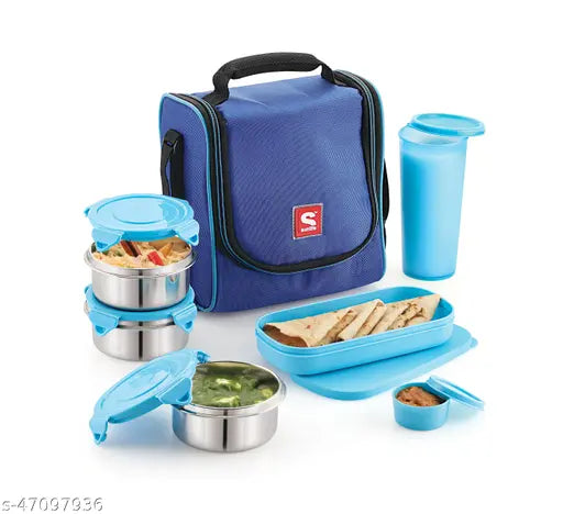 Designer stainless steel lunch boxes set - 14cm x 12cm x 12cm, multipack combo with insulator and microoven safe containers ideal for office, school, college, and workplace use