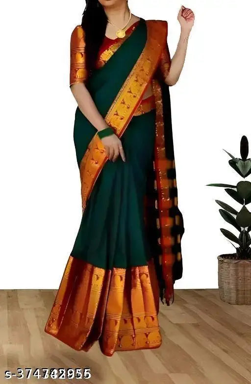 Hand-woven Merserised Cotton saree with rich border, India - free size, solid pattern, zari woven net blouse in cotton silk, length 5.2m & blouse 0.8m