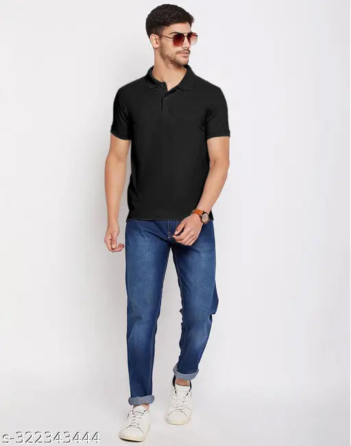 Black poly lycra Selvia Men's short sleeve t-shirt with classic polo collar and half sleeves, offering quality casual wear in a soft texture. Made in India